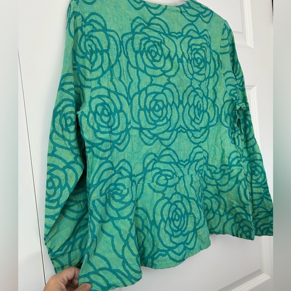 Flax Linen Peplum Teal Rose Floral Button-Up Blouse - Picture 8 of 10
